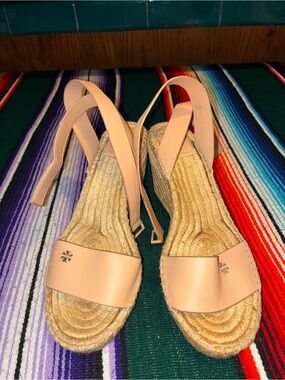 Tory Burch Nude Leather Espadrille Wedge Sandals Ankle Strap Size 8.5